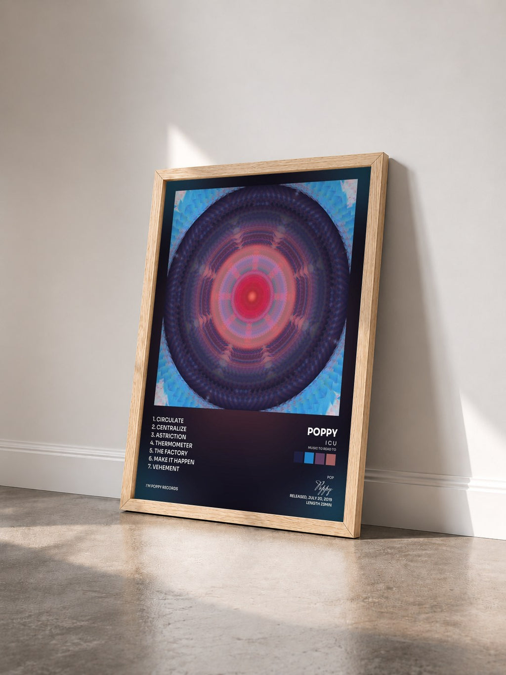 #bois Tableau de l'album I C U (Music to Read To) de Poppy vu de trois quarts, cadre en bois brut