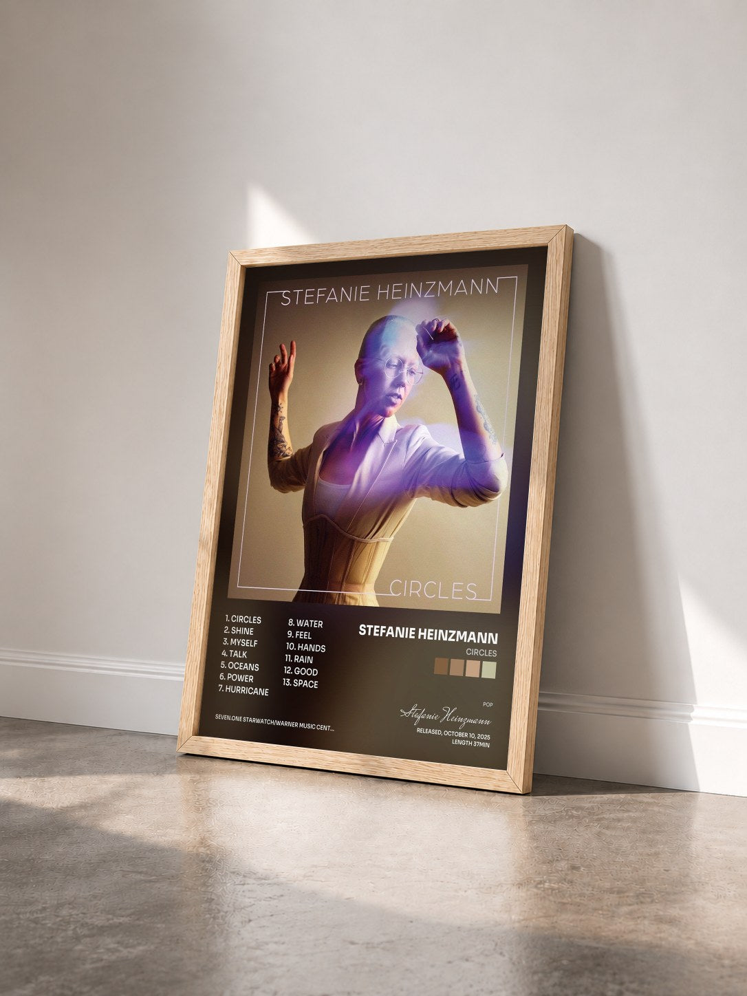#bois Tableau de l'album Circles de Stefanie Heinzmann vu de trois quarts, cadre en bois brut
