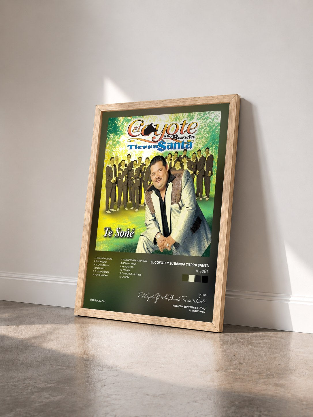 #bois Tableau de l'album Te Soñé de El Coyote Y Su Banda Tierra Santa vu de trois quarts, cadre en bois brut