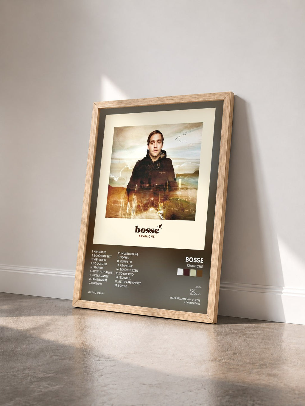 #bois Tableau de l'album Kraniche de Bosse vu de trois quarts, cadre en bois brut
