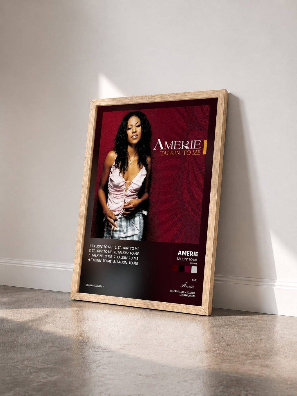 #bois Tableau de l'album Talkin' to Me (Remixes) de Amerie vu de trois quarts, cadre en bois brut