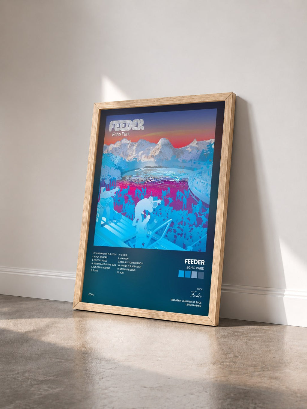 #bois Tableau de l'album Echo Park de Feeder vu de trois quarts, cadre en bois brut