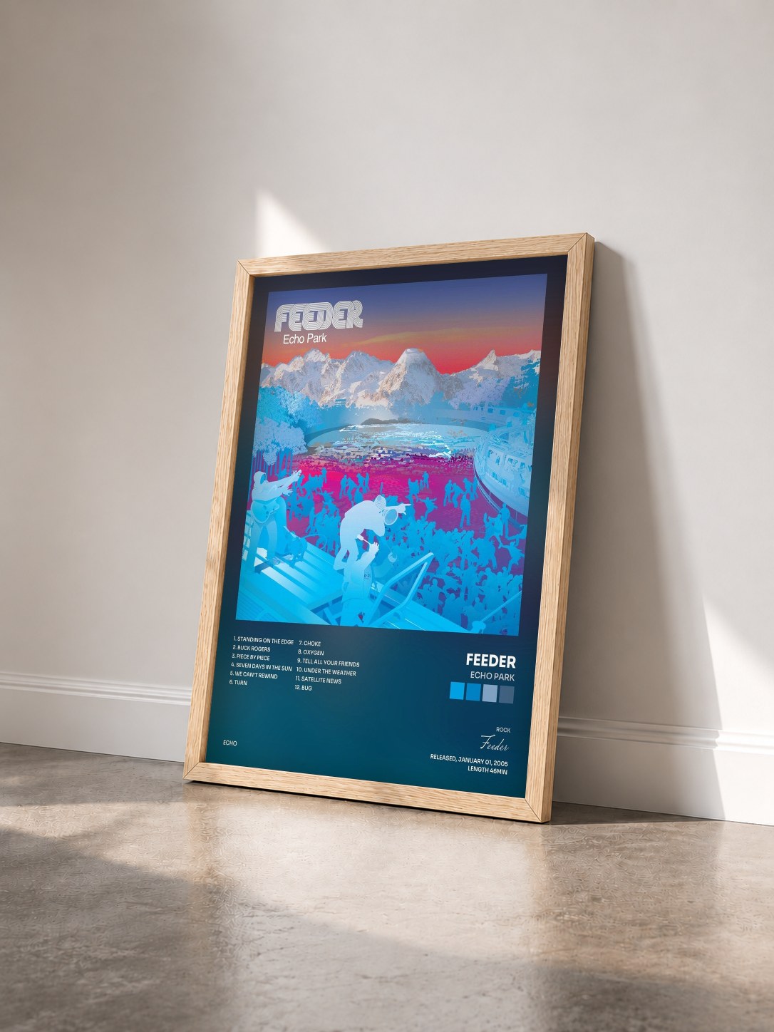 #bois Tableau de l'album Echo Park de Feeder vu de trois quarts, cadre en bois brut