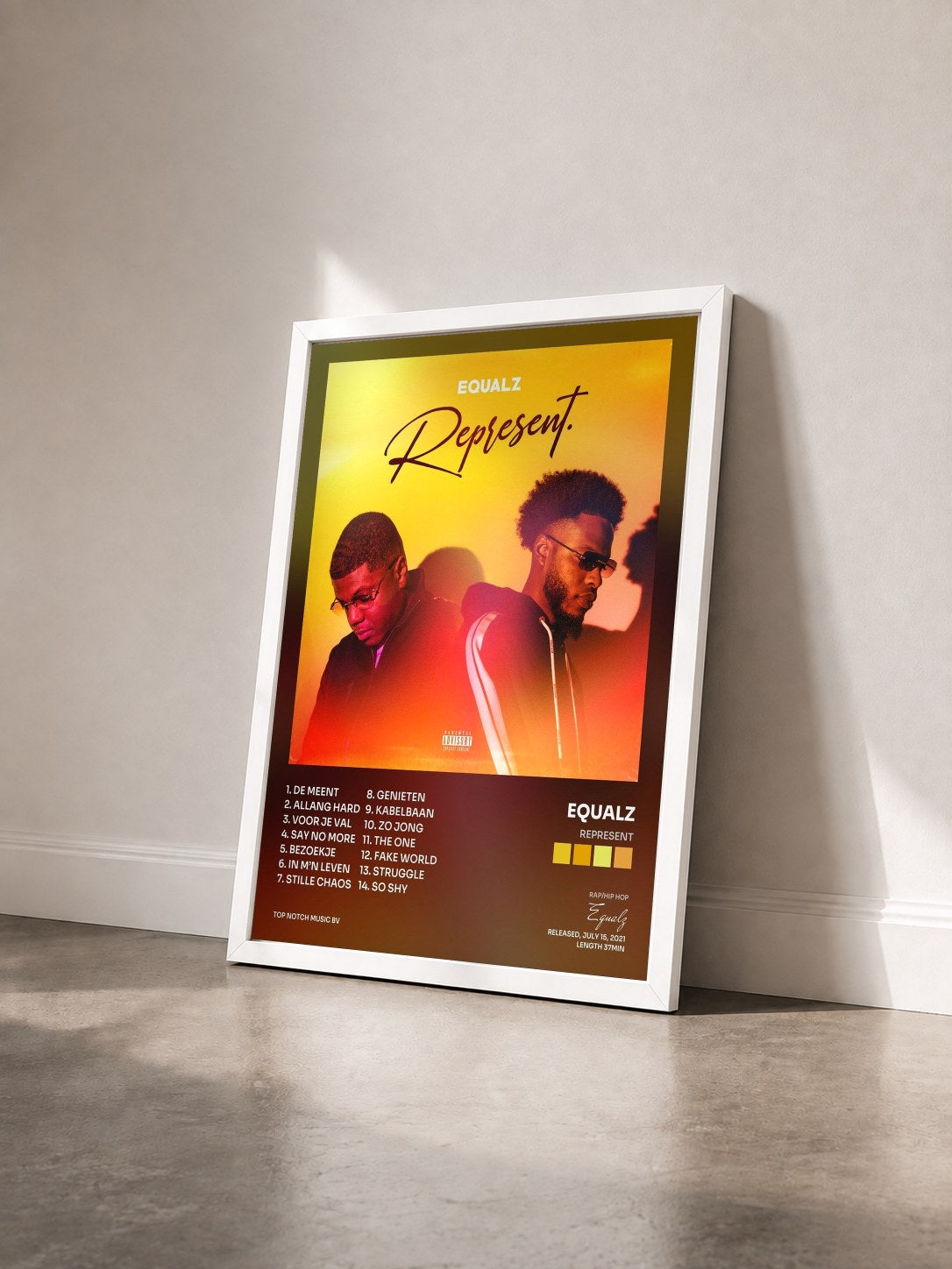 #blanc Tableau de l'album Represent de Equalz vu de trois quarts, cadre blanc