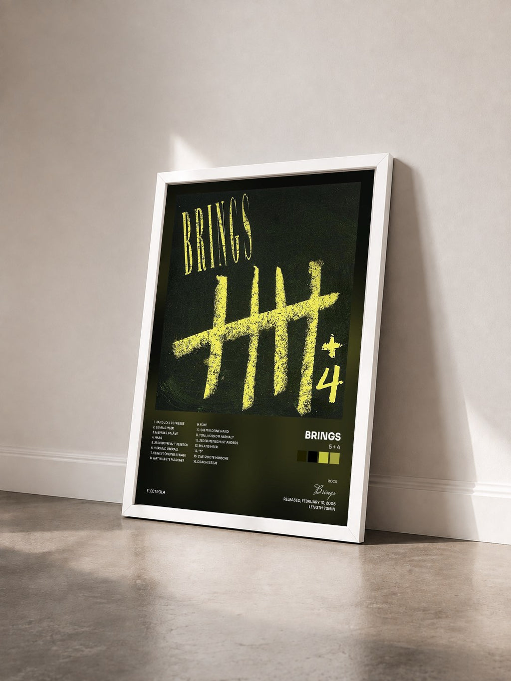 #blanc Tableau de l'album 5 + 4 de Brings vu de trois quarts, cadre blanc