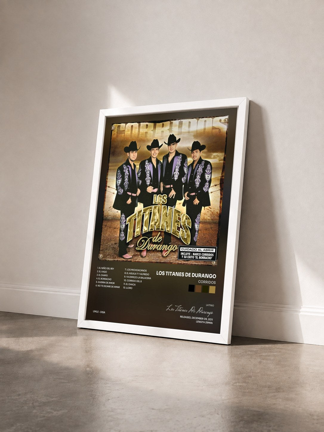 #blanc Tableau de l'album Corridos de Los Titanes De Durango vu de trois quarts, cadre blanc