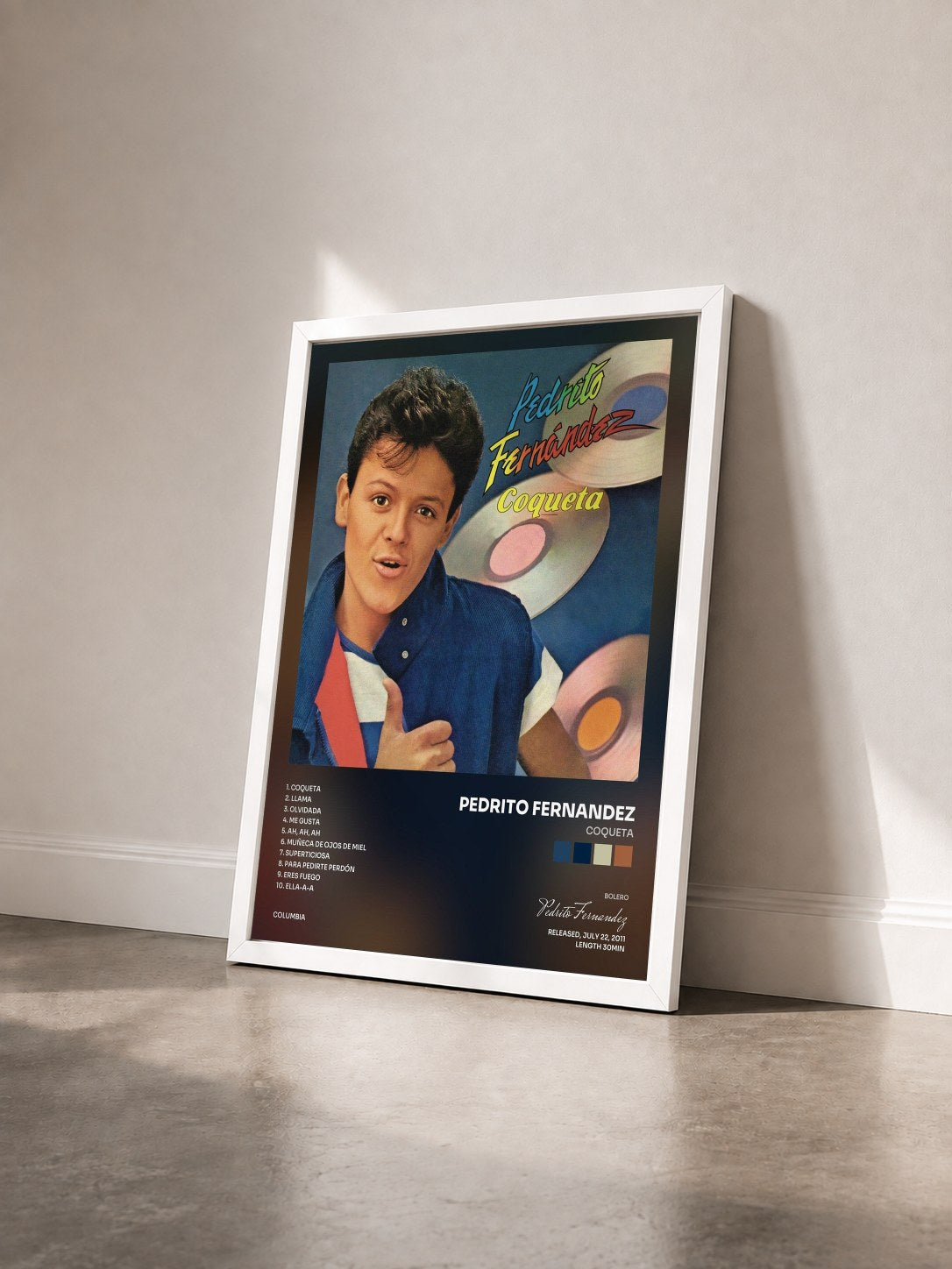 #blanc Tableau de l'album Coqueta de Pedrito Fernandez vu de trois quarts, cadre blanc