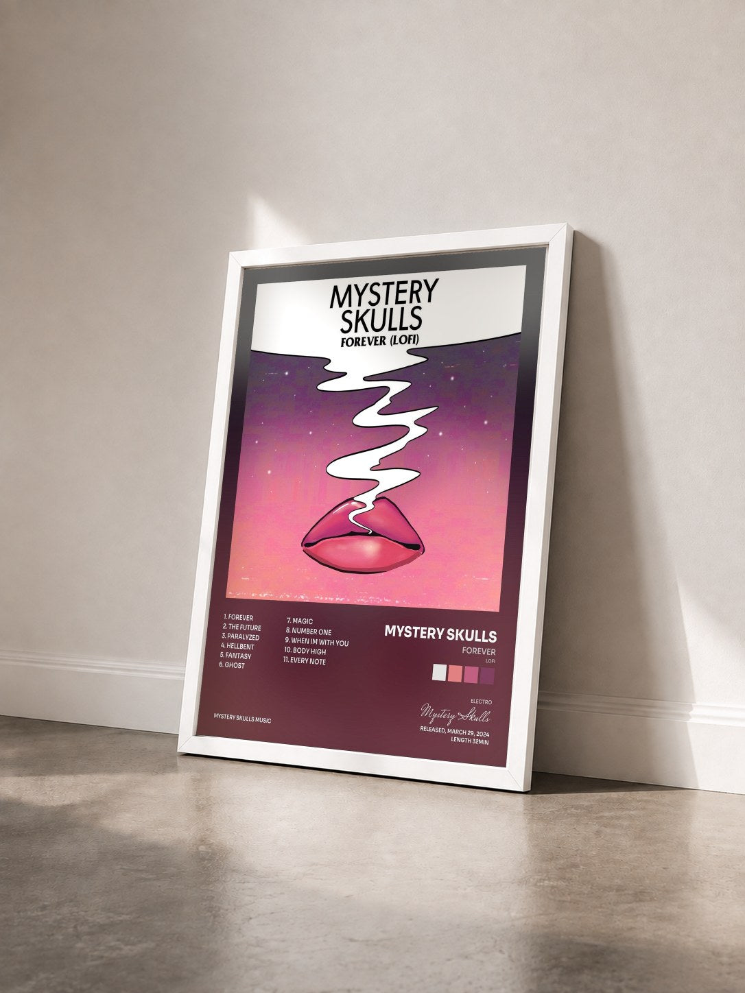 #blanc Tableau de l'album Forever (Lofi) de Mystery Skulls vu de trois quarts, cadre blanc