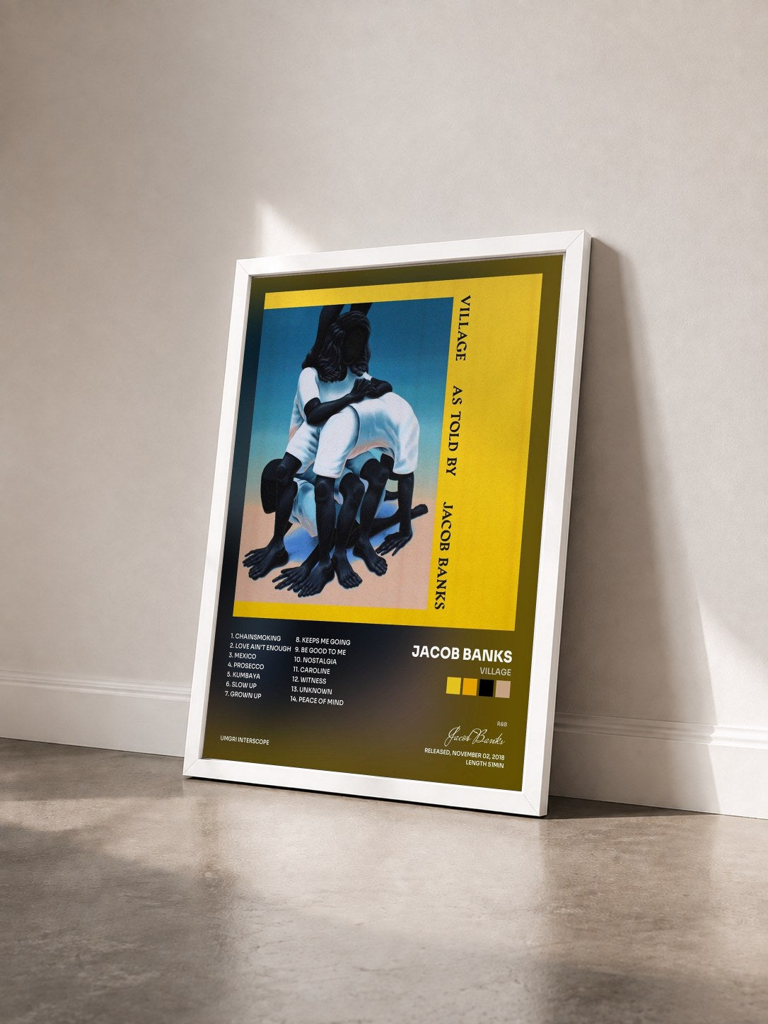 #blanc Tableau de l'album Village de Jacob Banks vu de trois quarts, cadre blanc