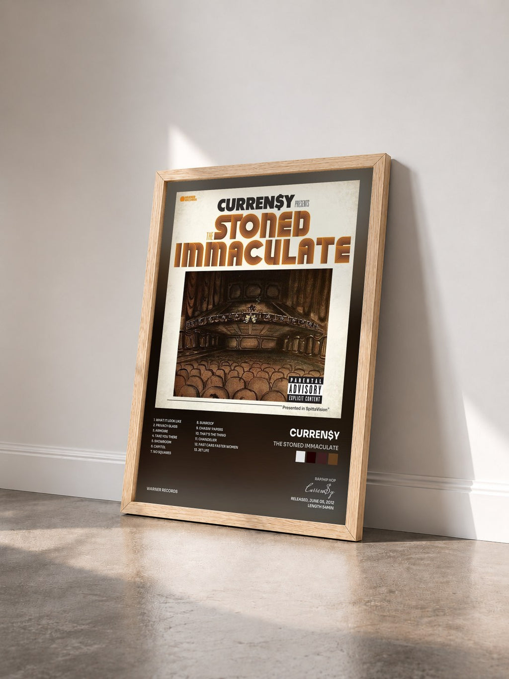 #bois Tableau de l'album The Stoned Immaculate de Curren$y vu de trois quarts, cadre en bois brut