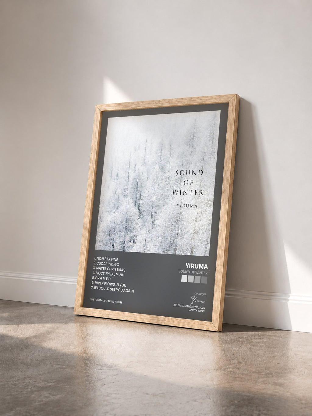 #bois Tableau de l'album Sound Of Winter de Yiruma vu de trois quarts, cadre en bois brut