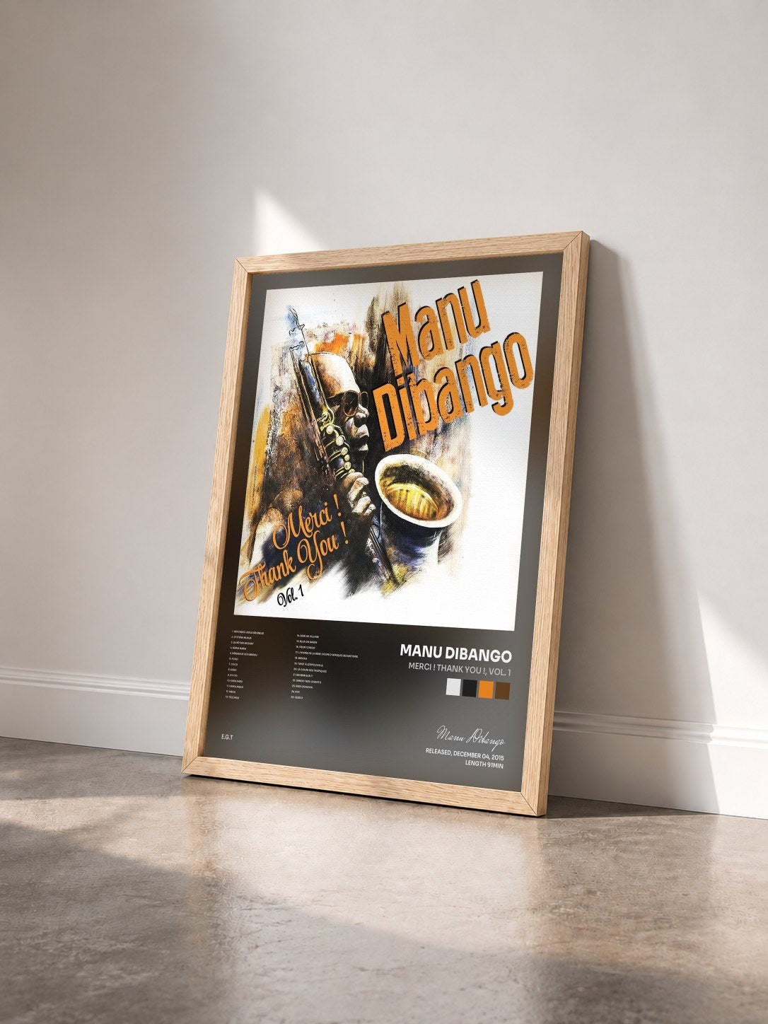 #bois Tableau de l'album Merci ! Thank You !, Vol. 1 de Manu Dibango vu de trois quarts, cadre en bois brut