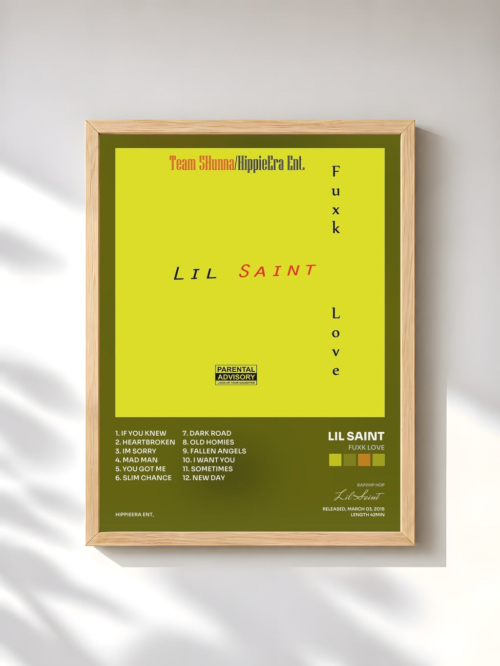 #bois Tableau de l'album Fuxk Love de Lil Saint, cadre en bois brut, imprimé et encadré en France