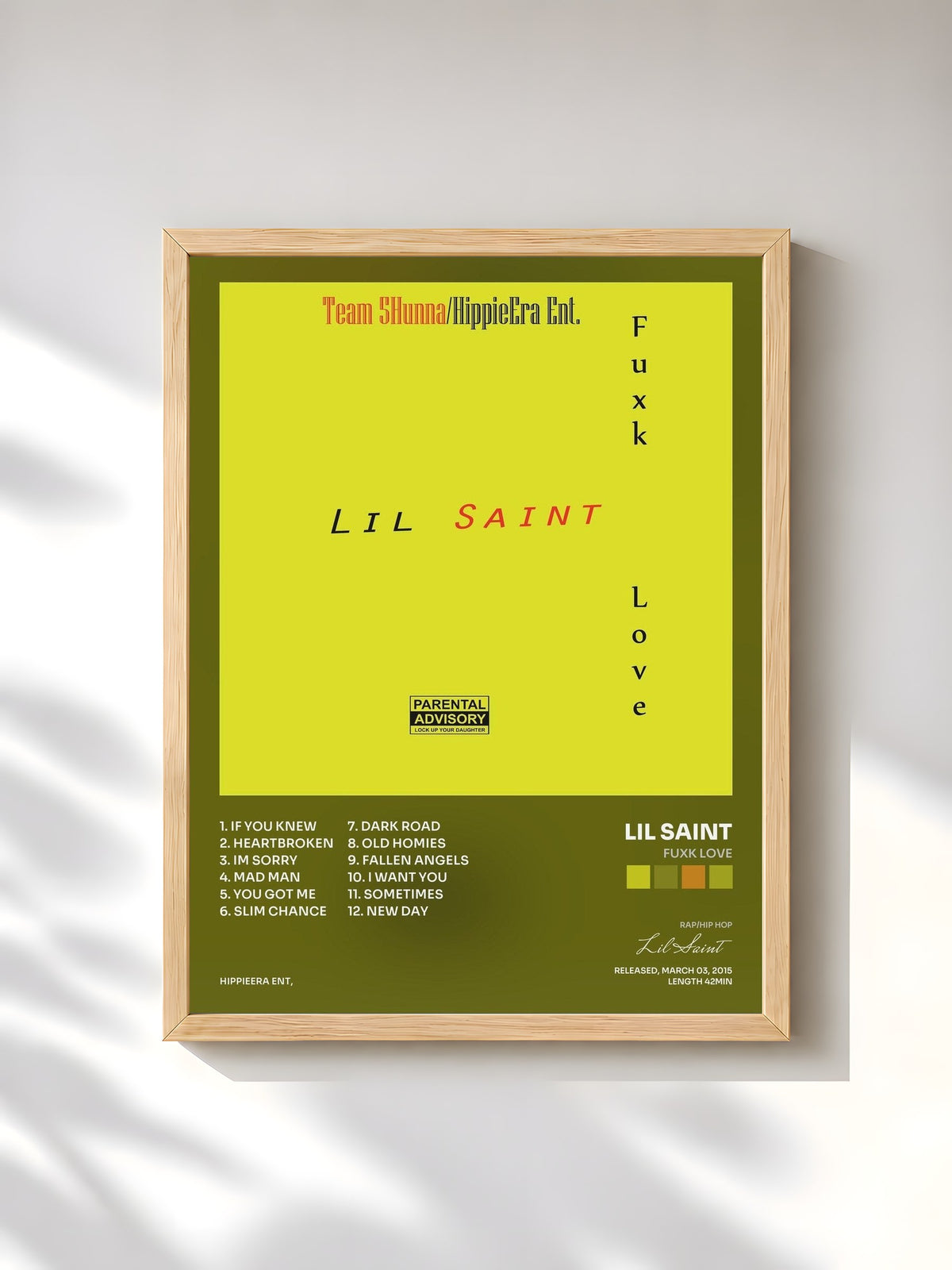 #bois Tableau de l'album Fuxk Love de Lil Saint, cadre en bois brut, imprimé et encadré en France