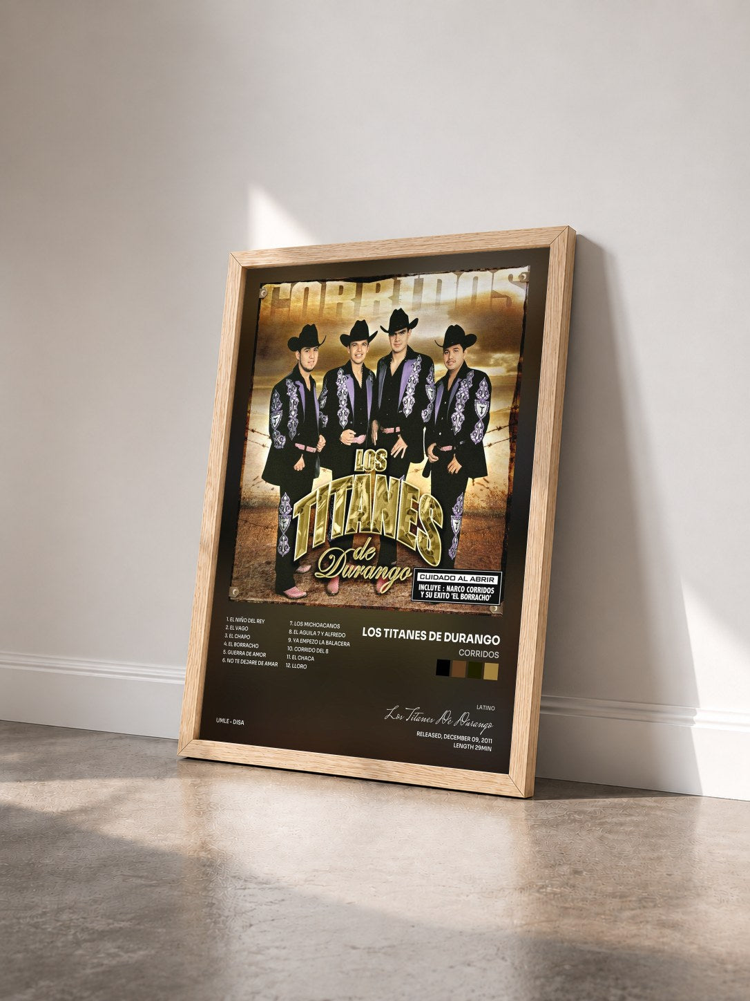 #bois Tableau de l'album Corridos de Los Titanes De Durango vu de trois quarts, cadre en bois brut