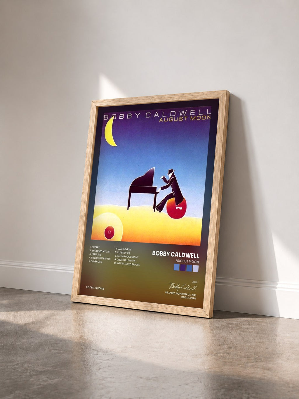 #bois Tableau de l'album August Moon de Bobby Caldwell vu de trois quarts, cadre en bois brut