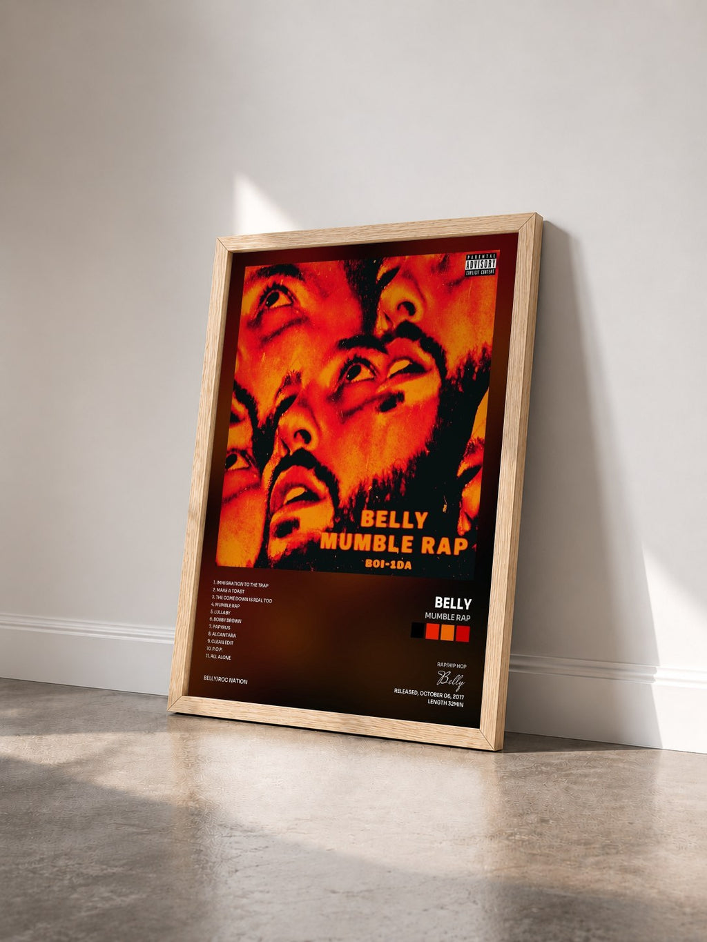 #bois Tableau de l'album Mumble Rap de Belly vu de trois quarts, cadre en bois brut