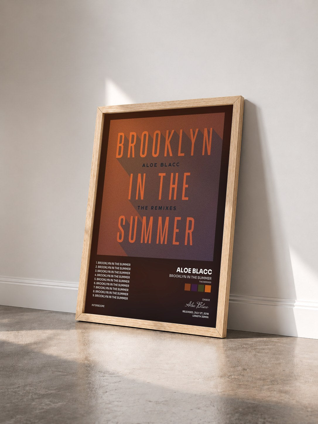 #bois Tableau de l'album Brooklyn In The Summer (The Remixes) de Aloe Blacc vu de trois quarts, cadre en bois brut
