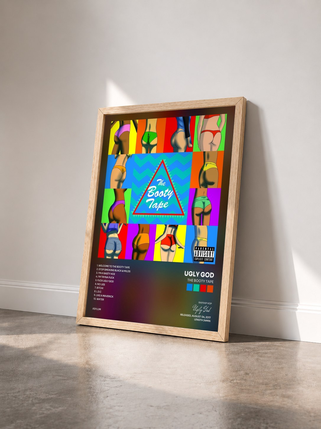 #bois Tableau de l'album The Booty Tape de Ugly God vu de trois quarts, cadre en bois brut