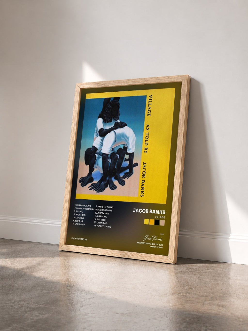 #bois Tableau de l'album Village de Jacob Banks vu de trois quarts, cadre en bois brut