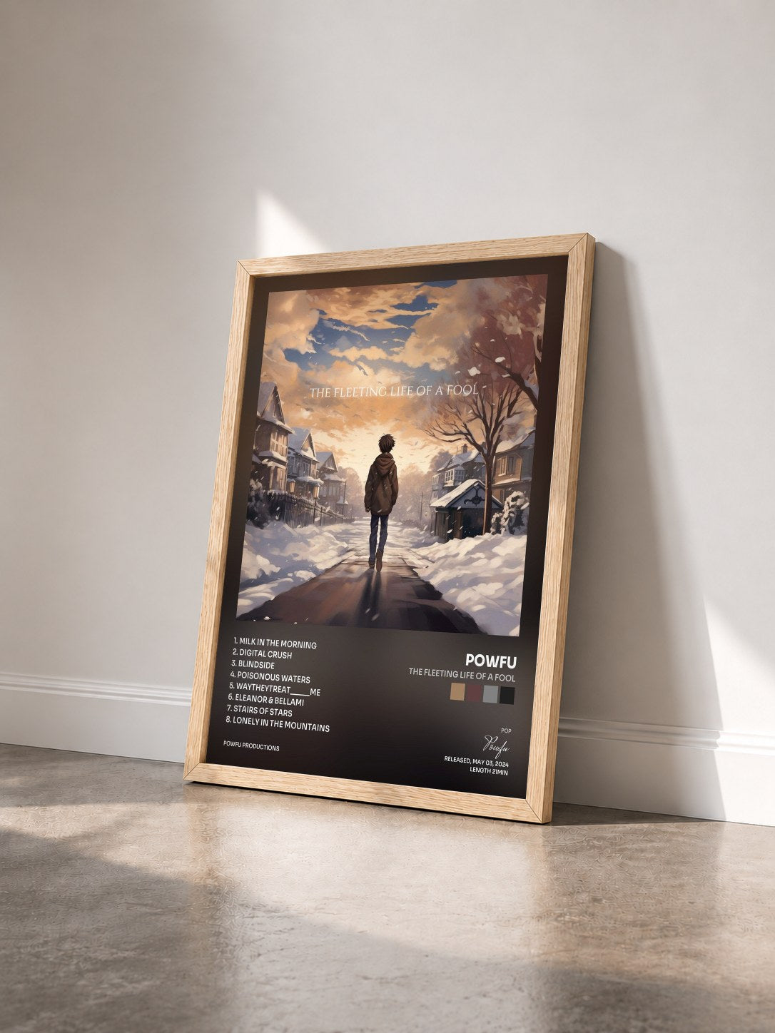 #bois Tableau de l'album the fleeting life of a fool de Powfu vu de trois quarts, cadre en bois brut