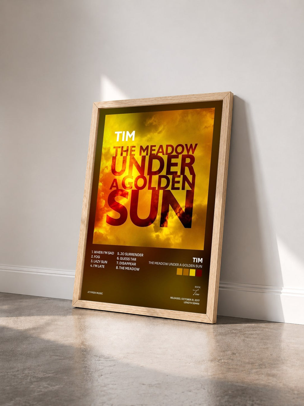 #bois Tableau de l'album The Meadow Under a Golden Sun de Tim vu de trois quarts, cadre en bois brut
