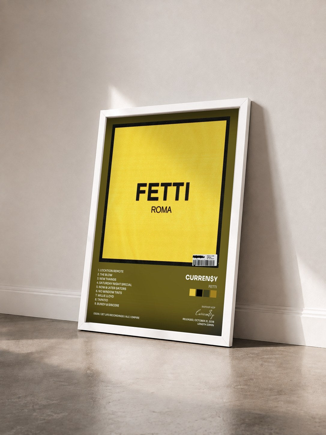 #blanc Tableau de l'album Fetti de Curren$y vu de trois quarts, cadre blanc