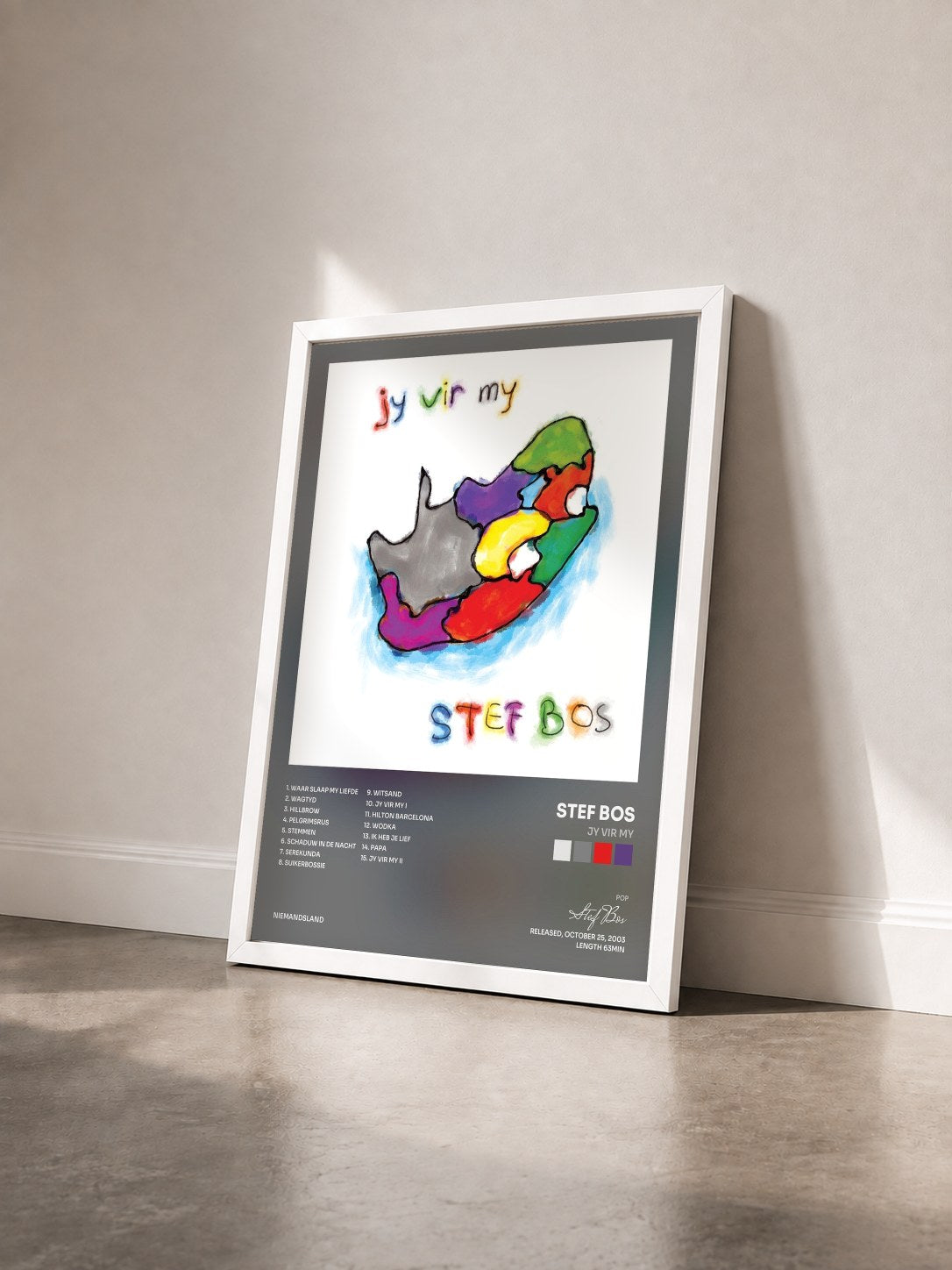 #blanc Tableau de l'album Jy Vir My de Stef Bos vu de trois quarts, cadre blanc