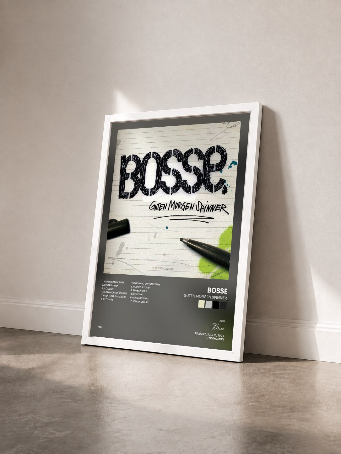 #blanc Tableau de l'album Guten Morgen Spinner de Bosse vu de trois quarts, cadre blanc