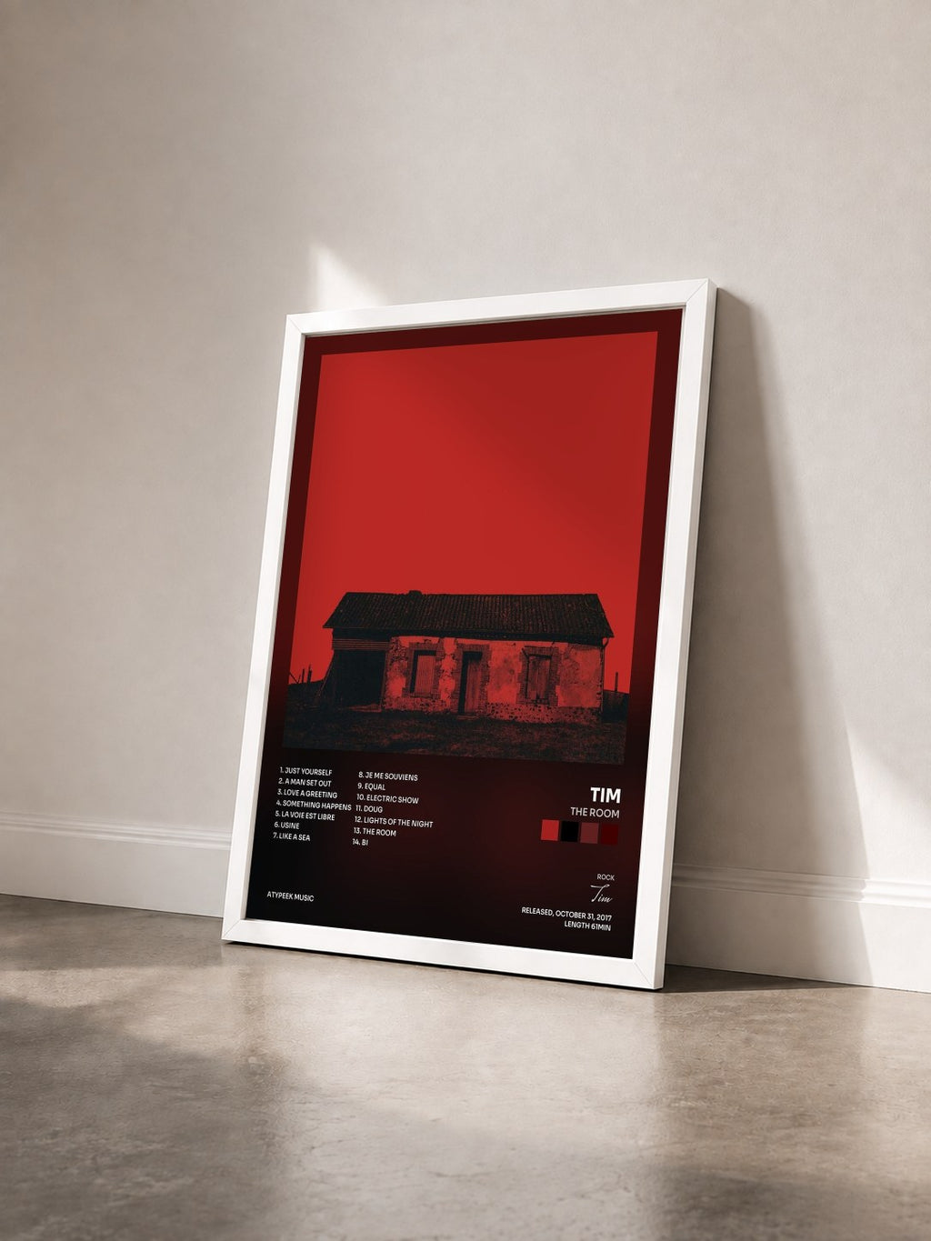 #blanc Tableau de l'album The Room de Tim vu de trois quarts, cadre blanc
