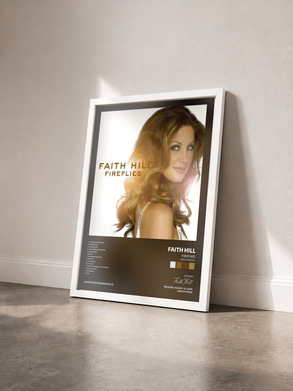 #blanc Tableau de l'album Fireflies (Single Version) de Faith Hill vu de trois quarts, cadre blanc