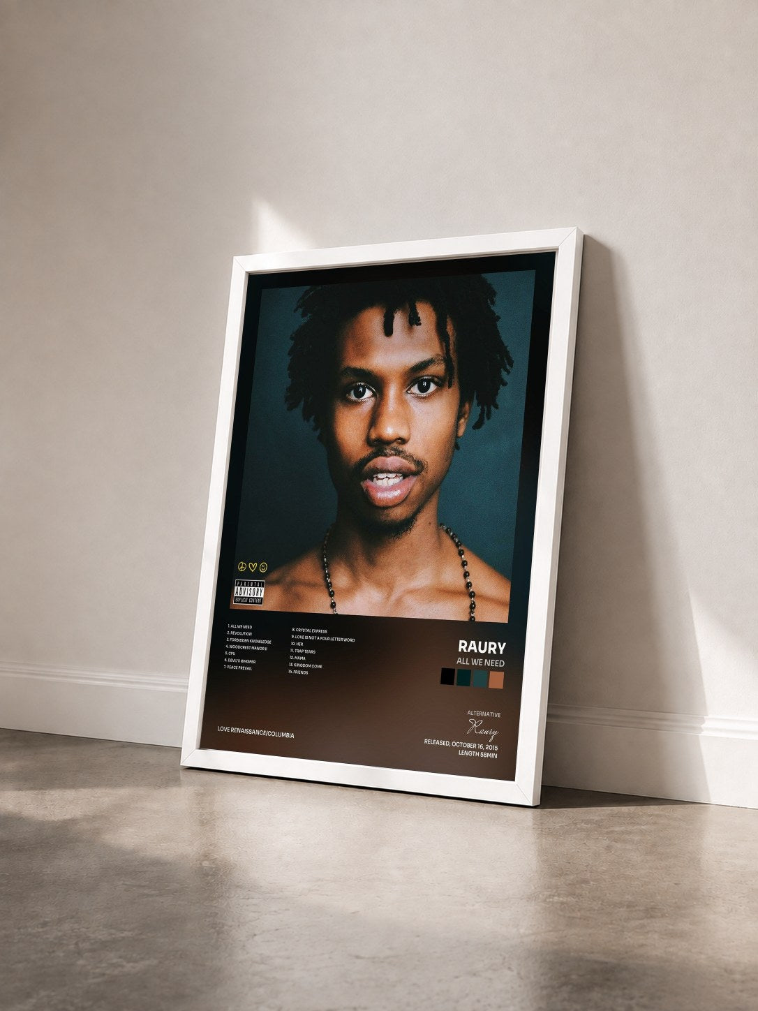 #blanc Tableau de l'album All We Need de Raury vu de trois quarts, cadre blanc