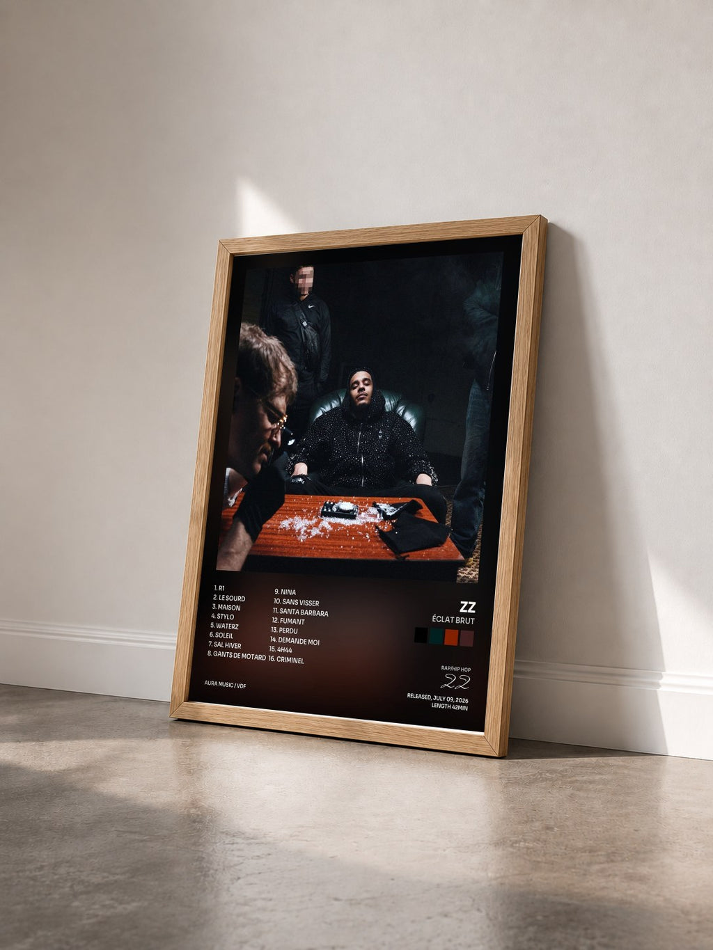 #bois Tableau de l'album ÉCLAT BRUT de ZZ vu de trois quarts, cadre en bois brut