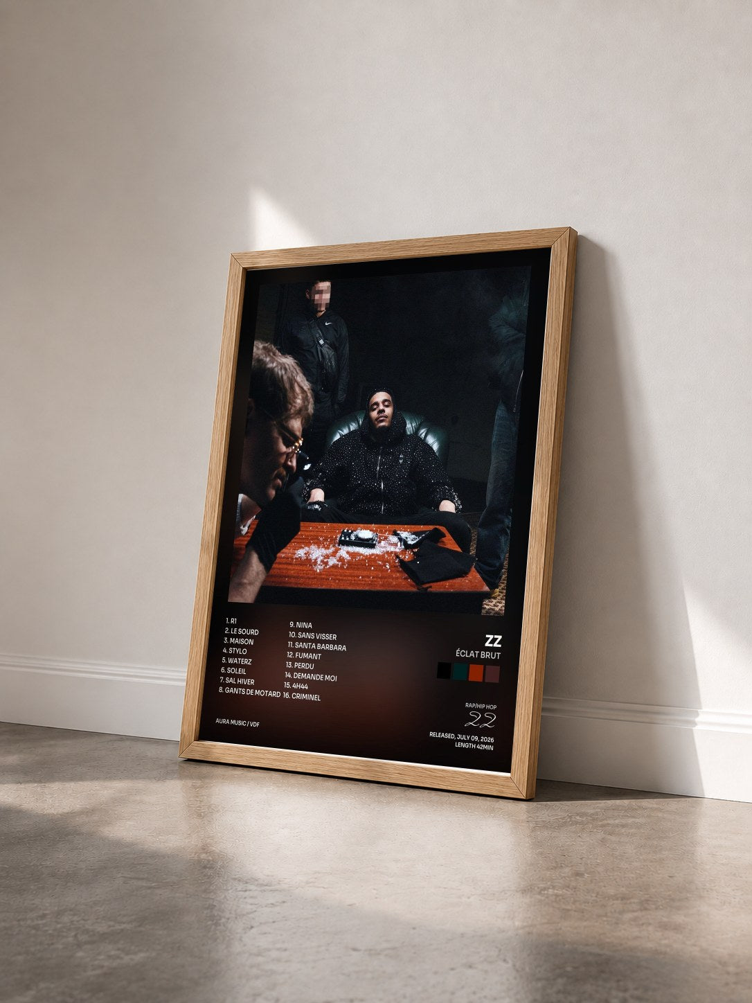 #bois Tableau de l'album ÉCLAT BRUT de ZZ vu de trois quarts, cadre en bois brut