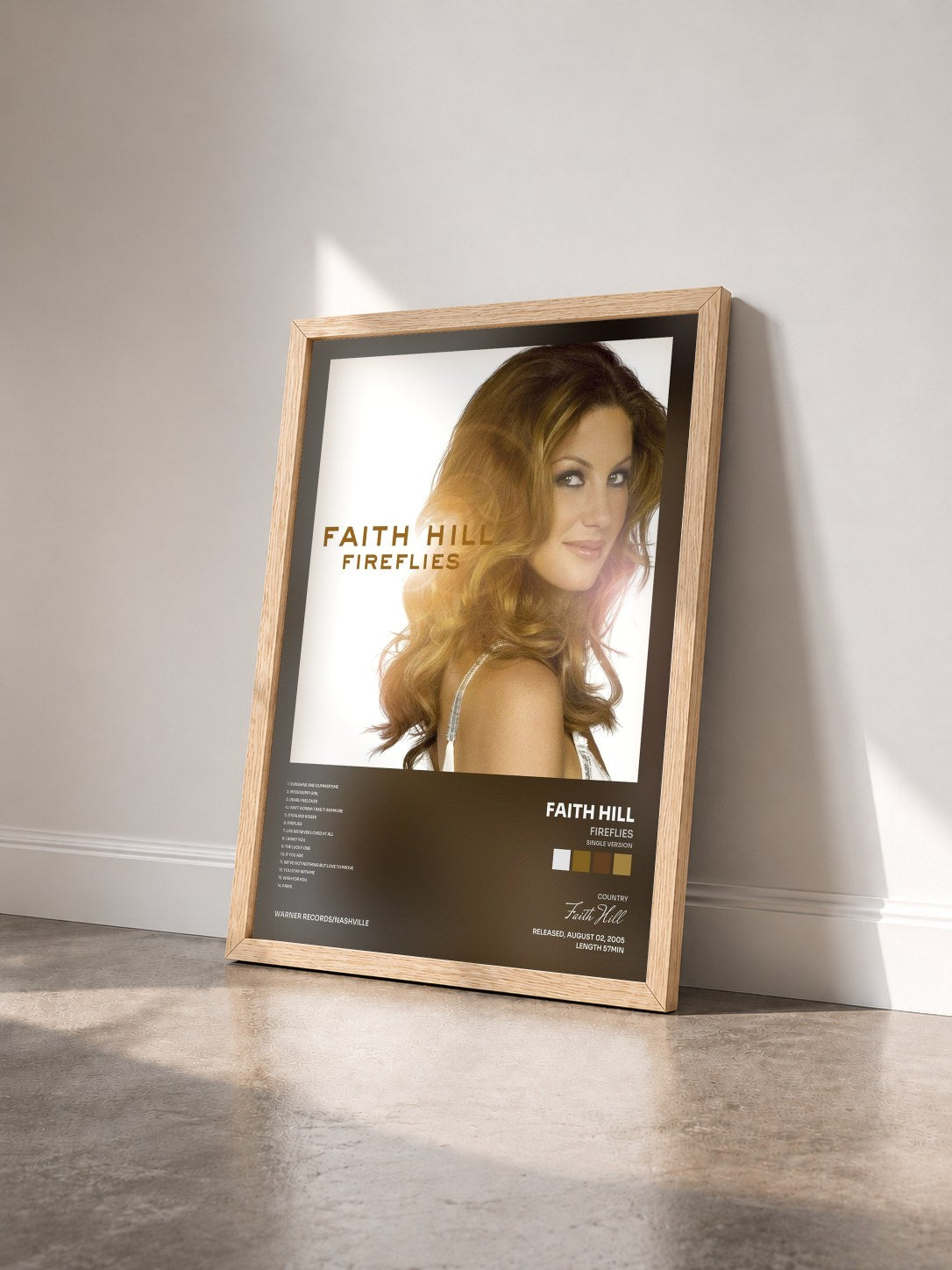 #bois Tableau de l'album Fireflies (Single Version) de Faith Hill vu de trois quarts, cadre en bois brut