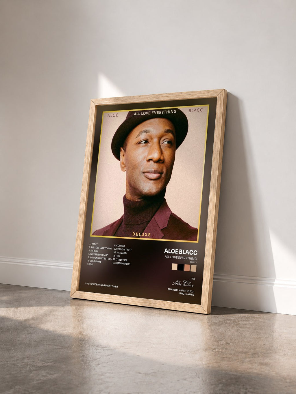 #bois Tableau de l'album All Love Everything (Deluxe) de Aloe Blacc vu de trois quarts, cadre en bois brut