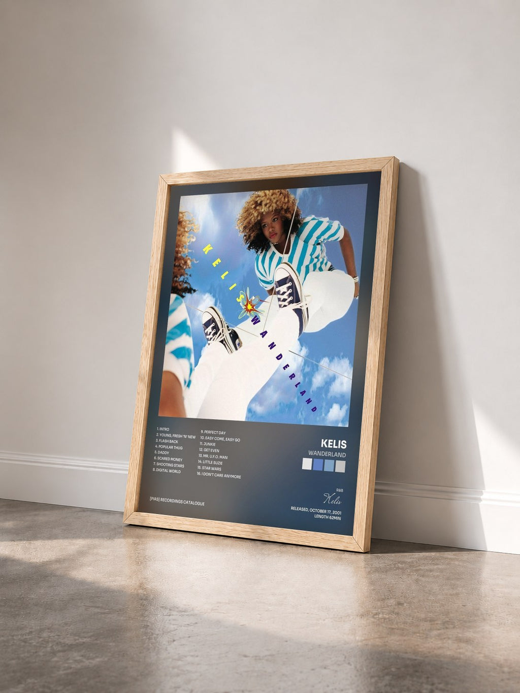 #bois Tableau de l'album Wanderland de Kelis vu de trois quarts, cadre en bois brut