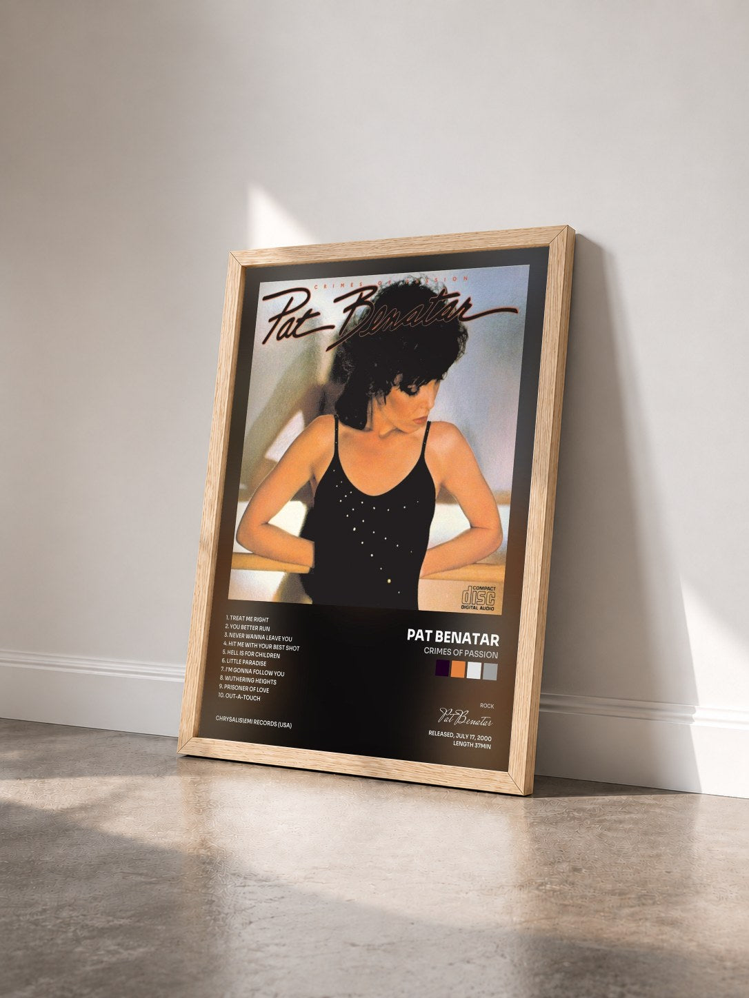 #bois Tableau de l'album Crimes Of Passion de Pat Benatar vu de trois quarts, cadre en bois brut