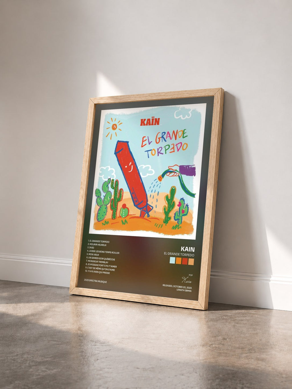 #bois Tableau de l'album El GRANDE TORPEDO de Kain vu de trois quarts, cadre en bois brut