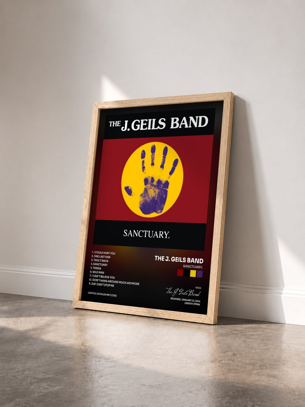 #bois Tableau de l'album Sanctuary. de The J. Geils Band vu de trois quarts, cadre en bois brut