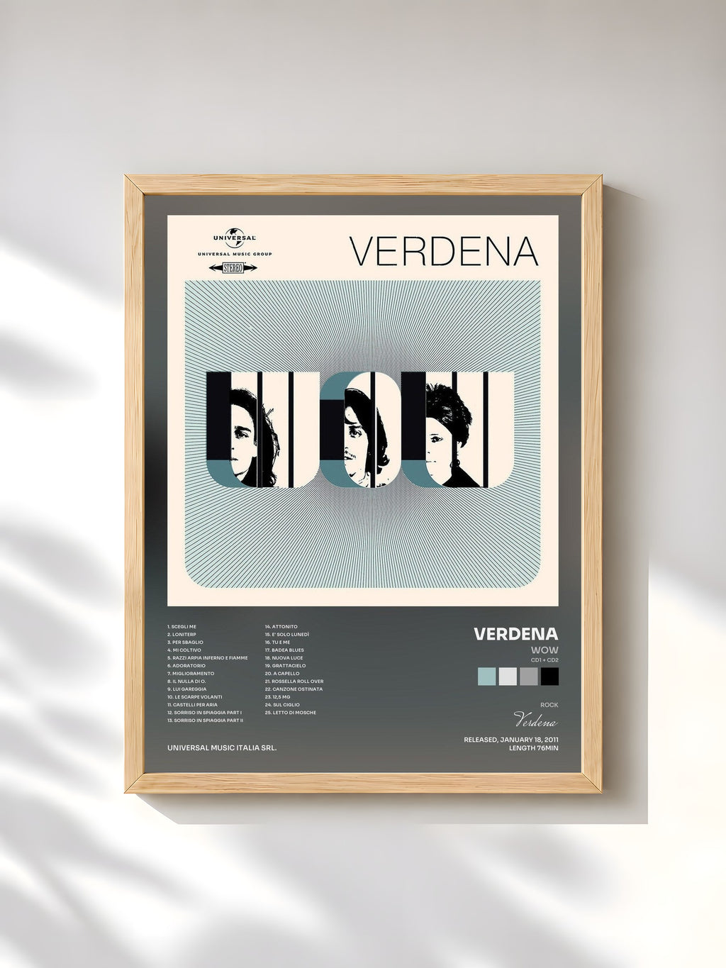 #bois Tableau de l'album Wow (CD1 + CD2) de Verdena, cadre en bois brut, imprimé et encadré en France