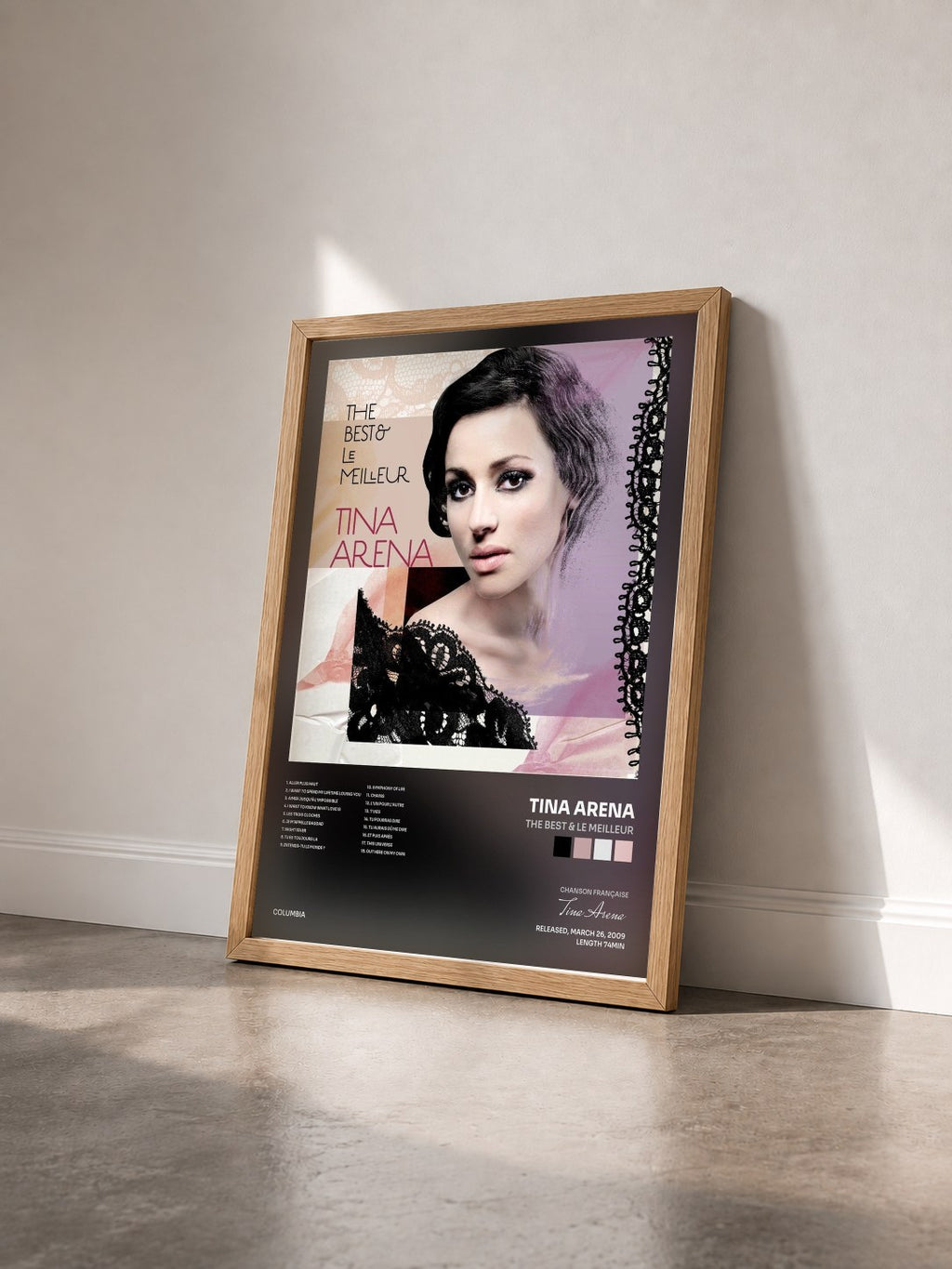 #bois Tableau de l'album The Best & Le Meilleur de Tina Arena vu de trois quarts, cadre en bois brut