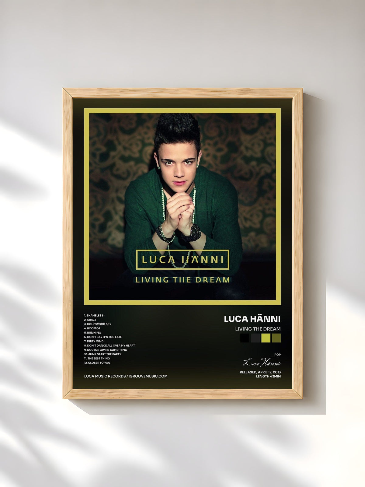 #bois Tableau de l'album Living the Dream de Luca Hänni, cadre en bois brut, imprimé et encadré en France