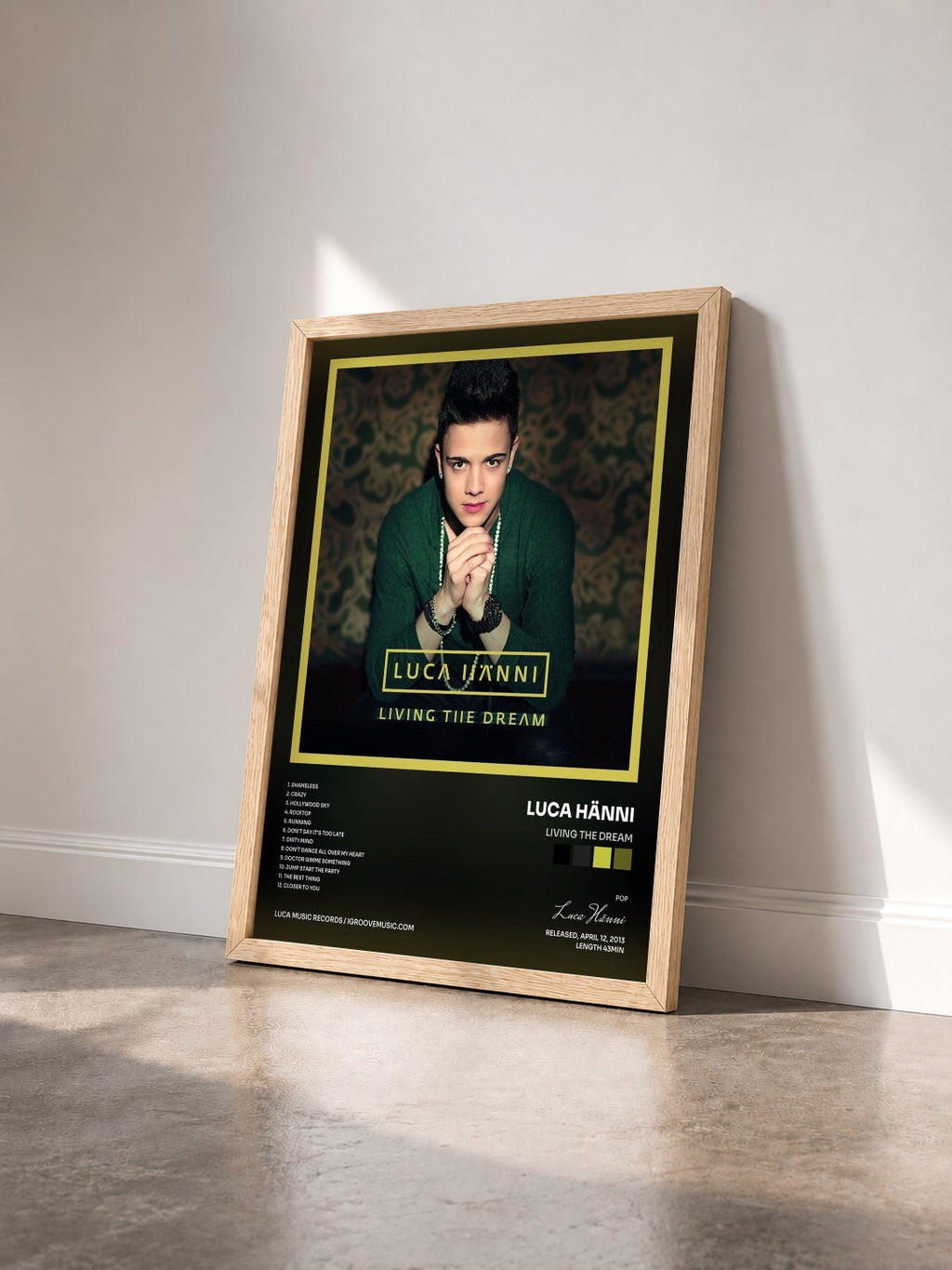 #bois Tableau de l'album Living the Dream de Luca Hänni vu de trois quarts, cadre en bois brut