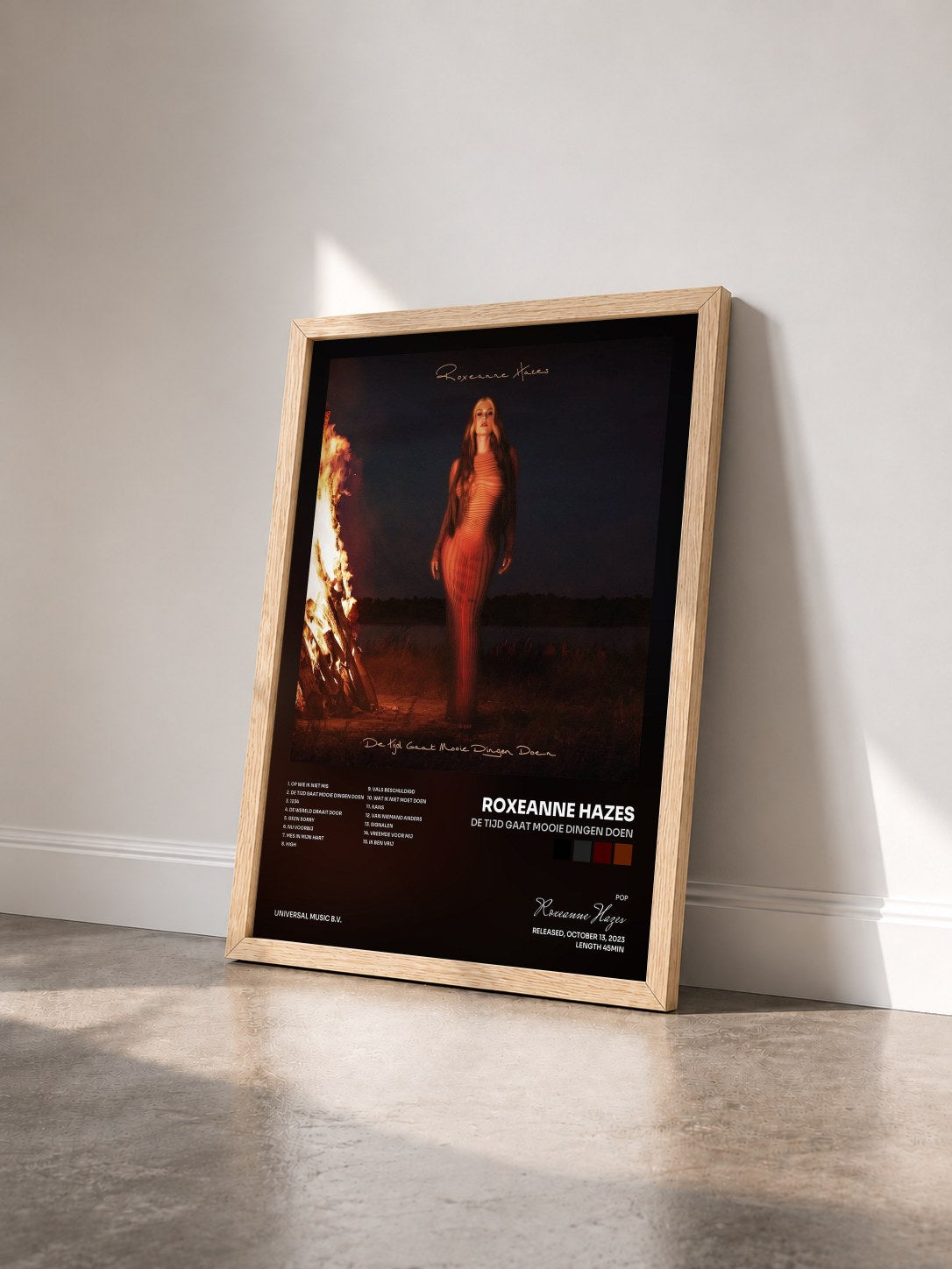 #bois Tableau de l'album De Tijd Gaat Mooie Dingen Doen de Roxeanne Hazes vu de trois quarts, cadre en bois brut
