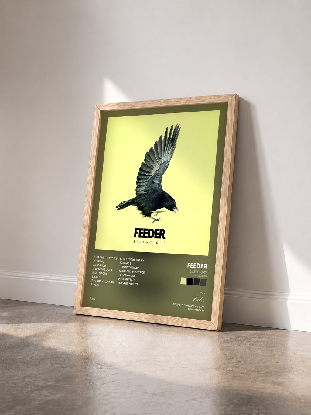 #bois Tableau de l'album Silent Cry (Deluxe Edition) de Feeder vu de trois quarts, cadre en bois brut