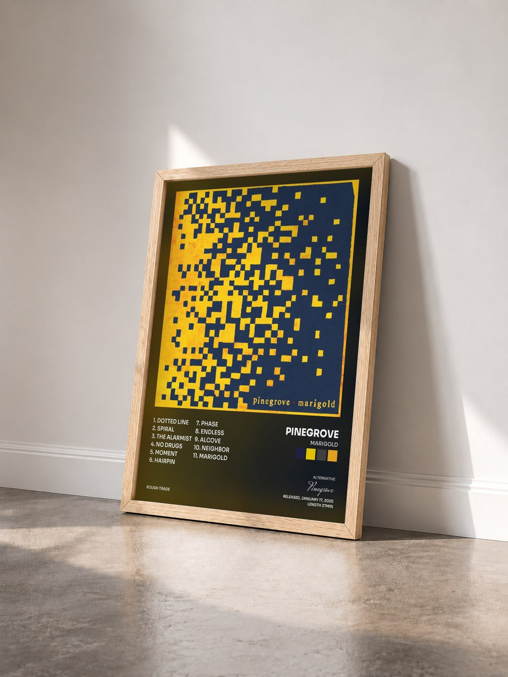 #bois Tableau de l'album Marigold de Pinegrove vu de trois quarts, cadre en bois brut