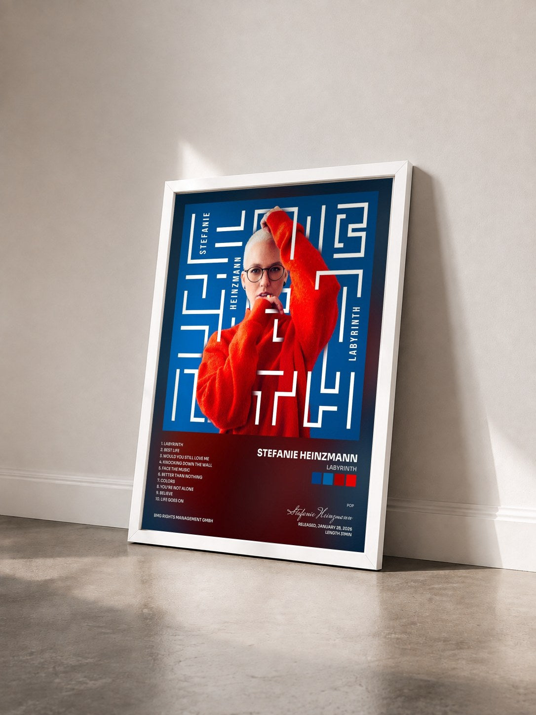 #blanc Tableau de l'album Labyrinth de Stefanie Heinzmann vu de trois quarts, cadre blanc