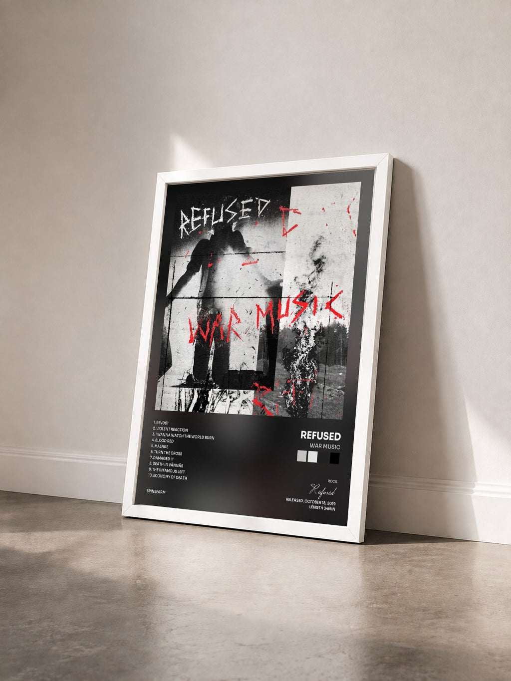 #blanc Tableau de l'album War Music de Refused vu de trois quarts, cadre blanc