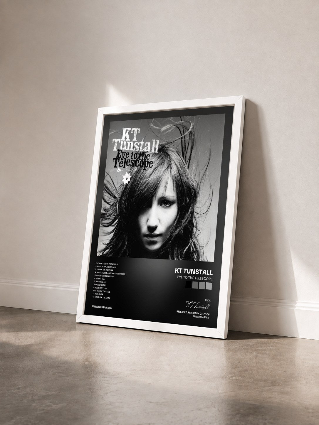 #blanc Tableau de l'album Eye To The Telescope de KT Tunstall vu de trois quarts, cadre blanc